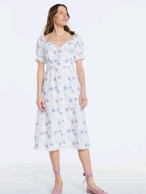 Scoop Dresses & Skirts - Scoop Cotton Linen Floral Lace Puff Sleeves Midi Dress Size 4X Bohemian Beachy